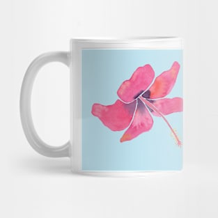 Pink Tropical Hibiscus Watercolor Illustration with a light blue background Mug